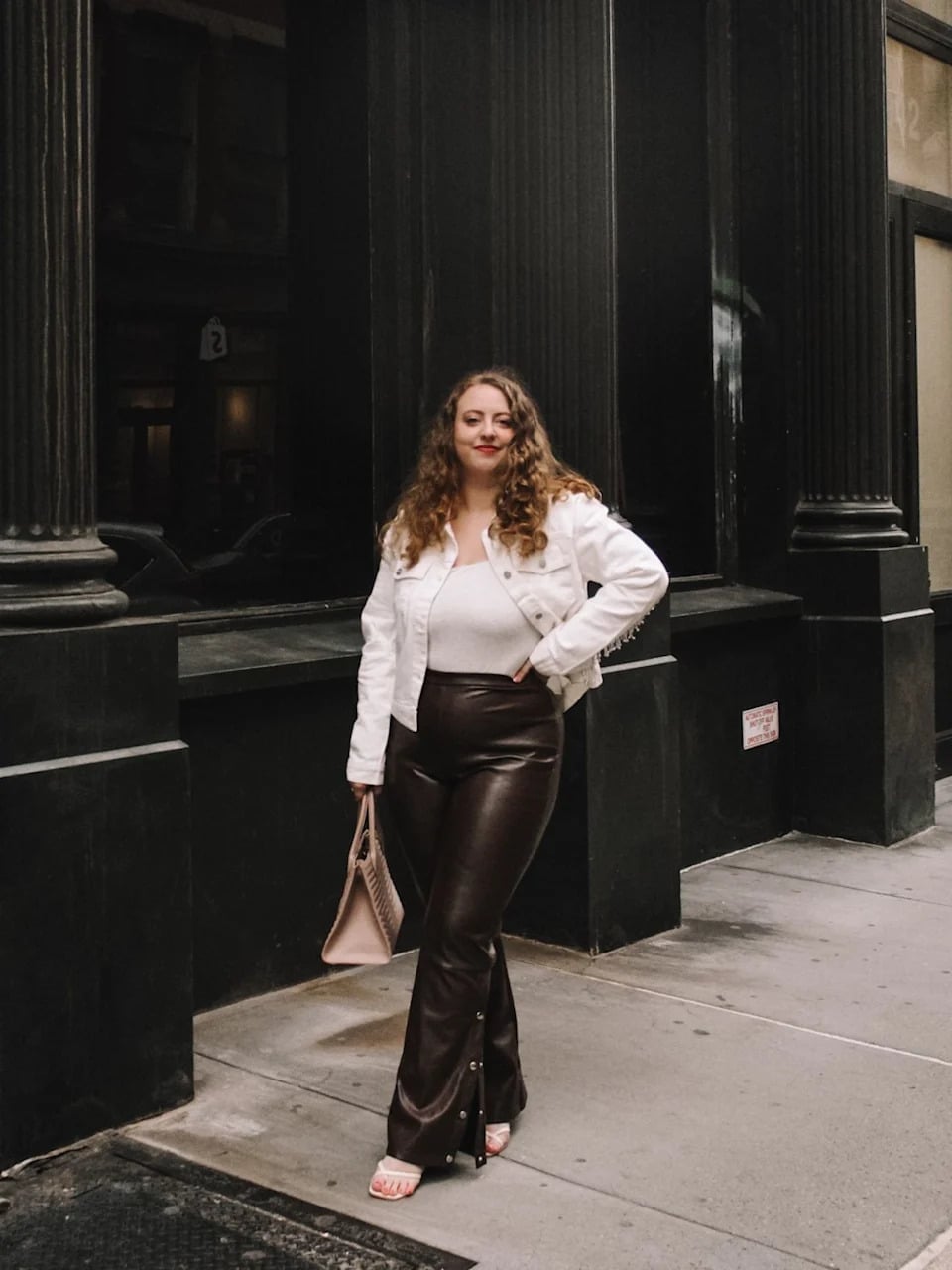 White Denim Jacket with Brown Leather Flare Pants — NYE Outfits