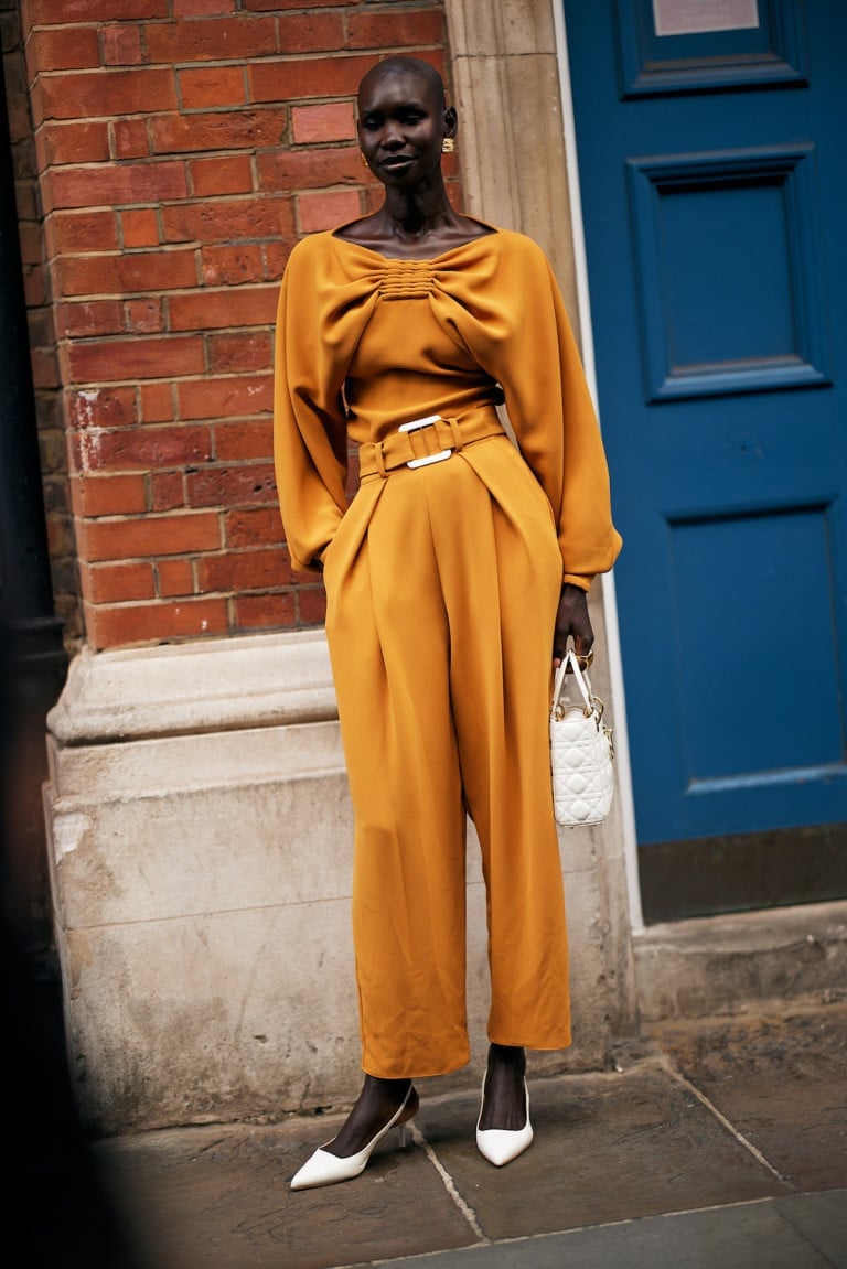 Ochre Satin Bow Blouse and Wide-Leg Trousers — NYE Outfits
