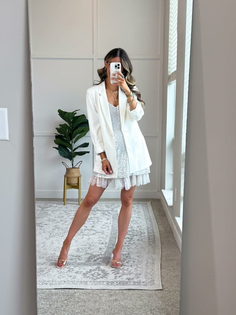 White Blazer over Sequin Slip Dress with Lace Trim — NYE Outfits