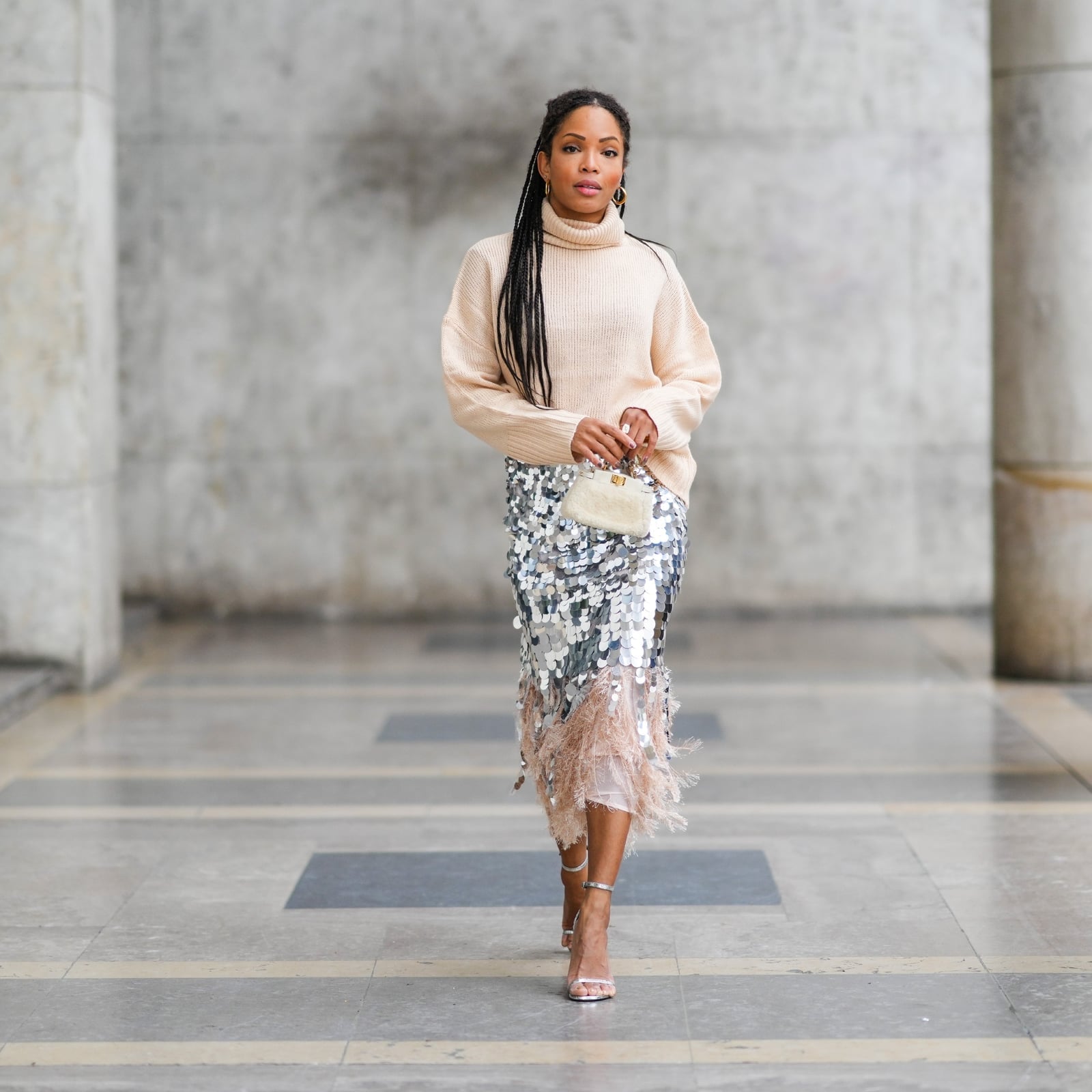 Cream Turtleneck with Sequin Feather Midi Skirt — NYE Outfits
