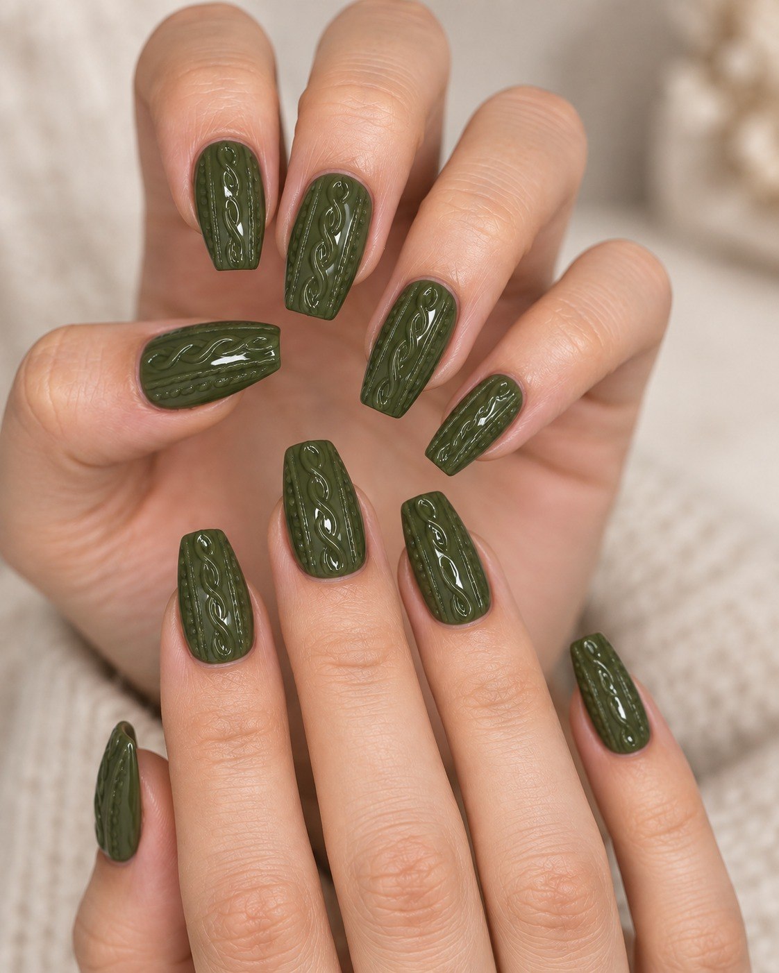 Olive Green Cable Knit Coffin Nails