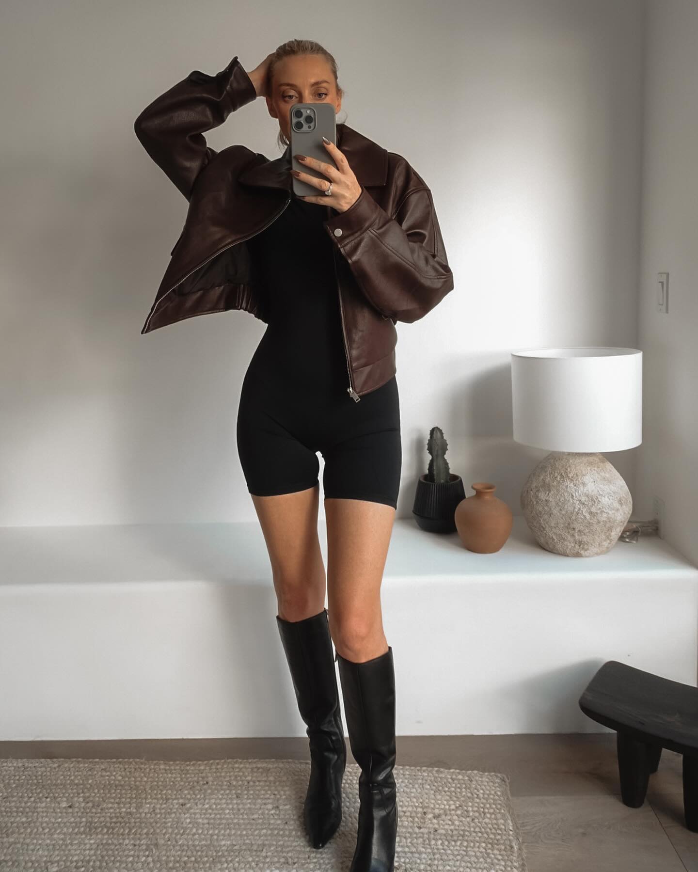 Oversized Brown Leather Jacket With Black Boots