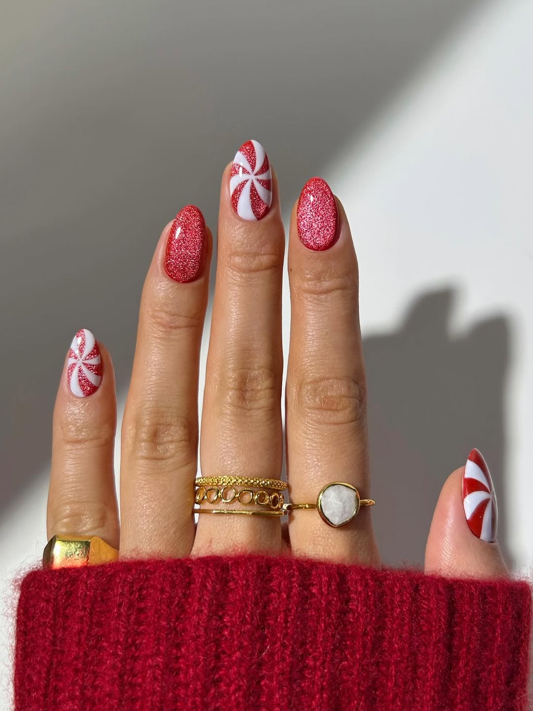Peppermint Swirl Glitter Almond Nails