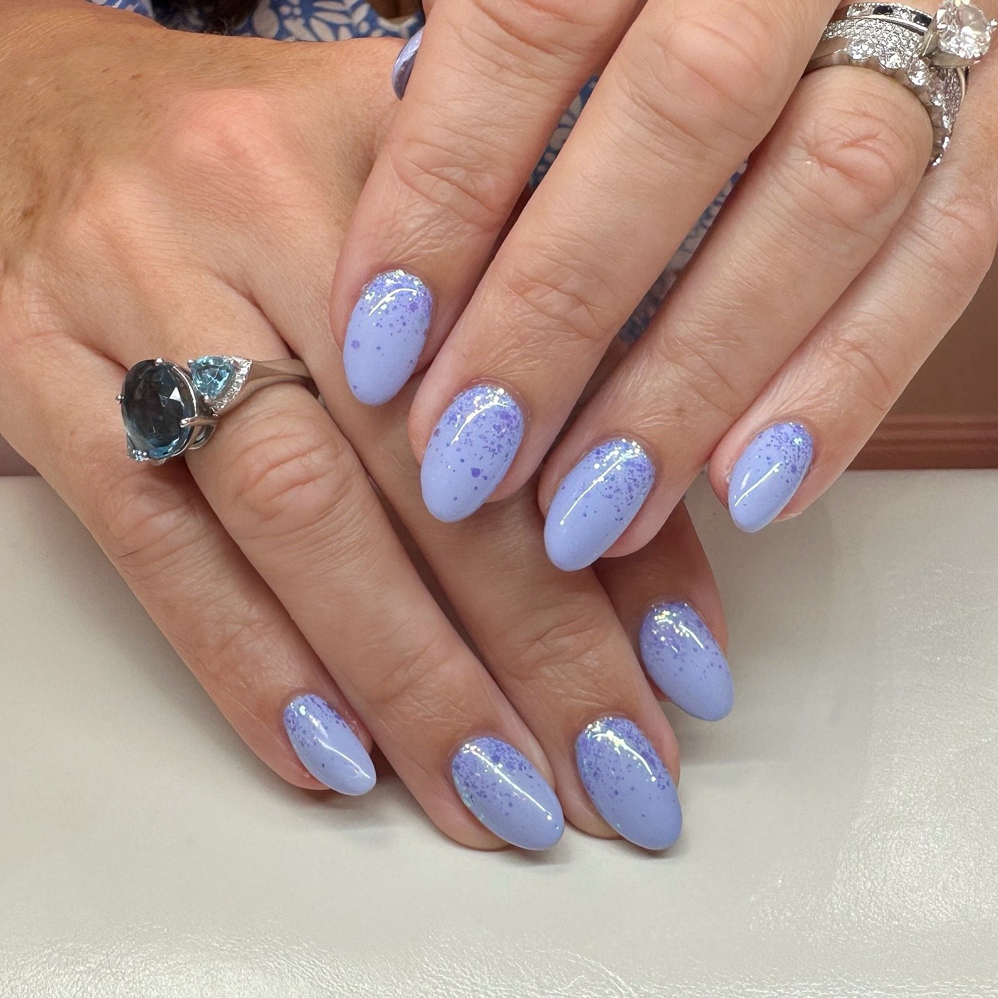 Periwinkle Blue Glitter Fade Almond Nails