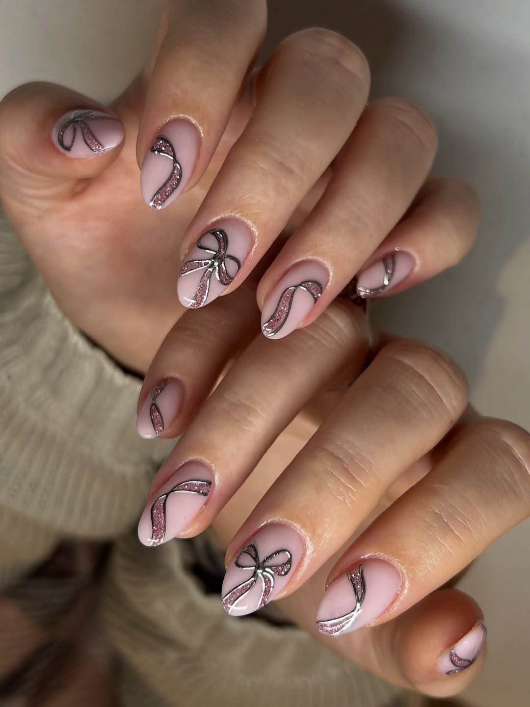 Pink Bow Glitter French Tip Almond Nails