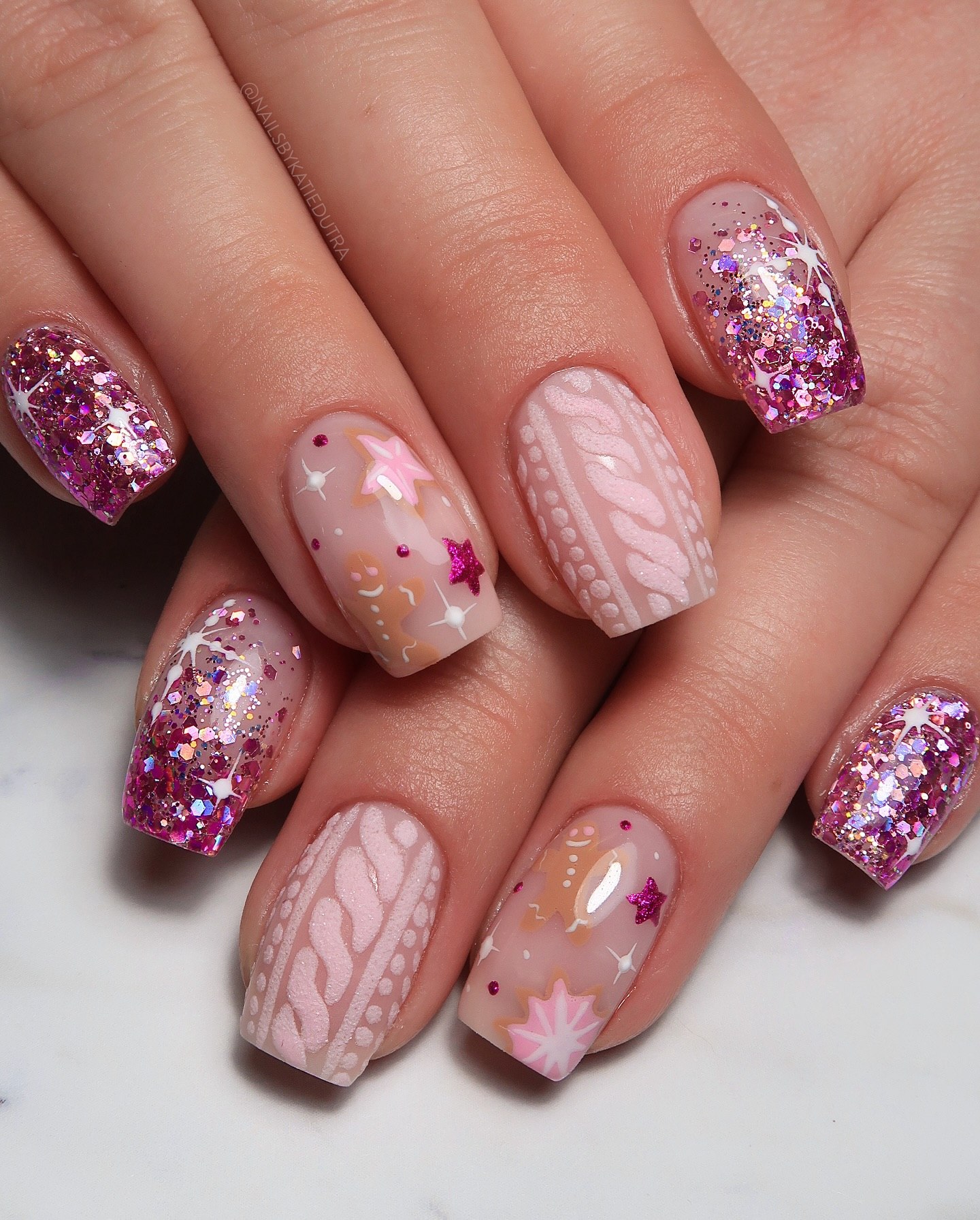 Pink Cable Knit Sweater Nails with Glitter and Gingerbread