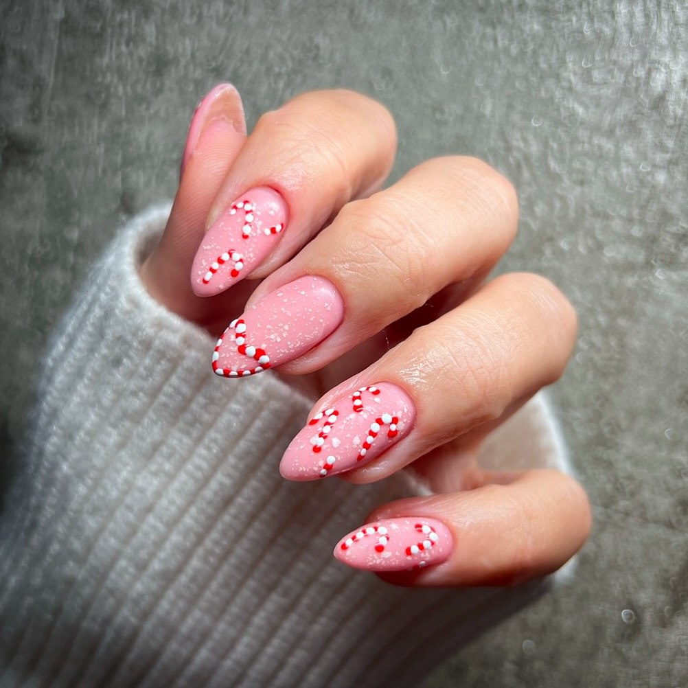 Pink Candy Cane Glitter Almond Nails