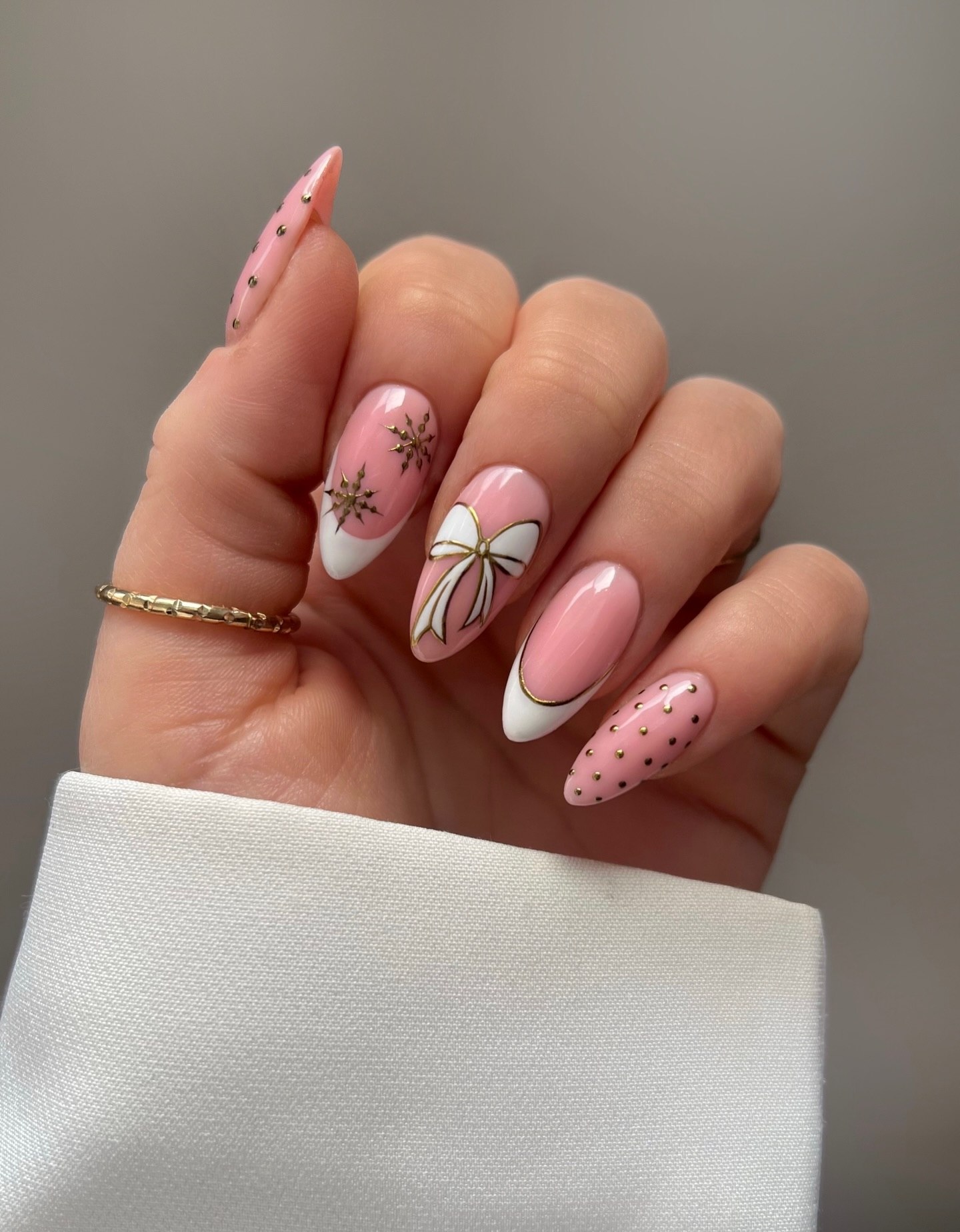 Pink French Bow Snowflake Almond Nails