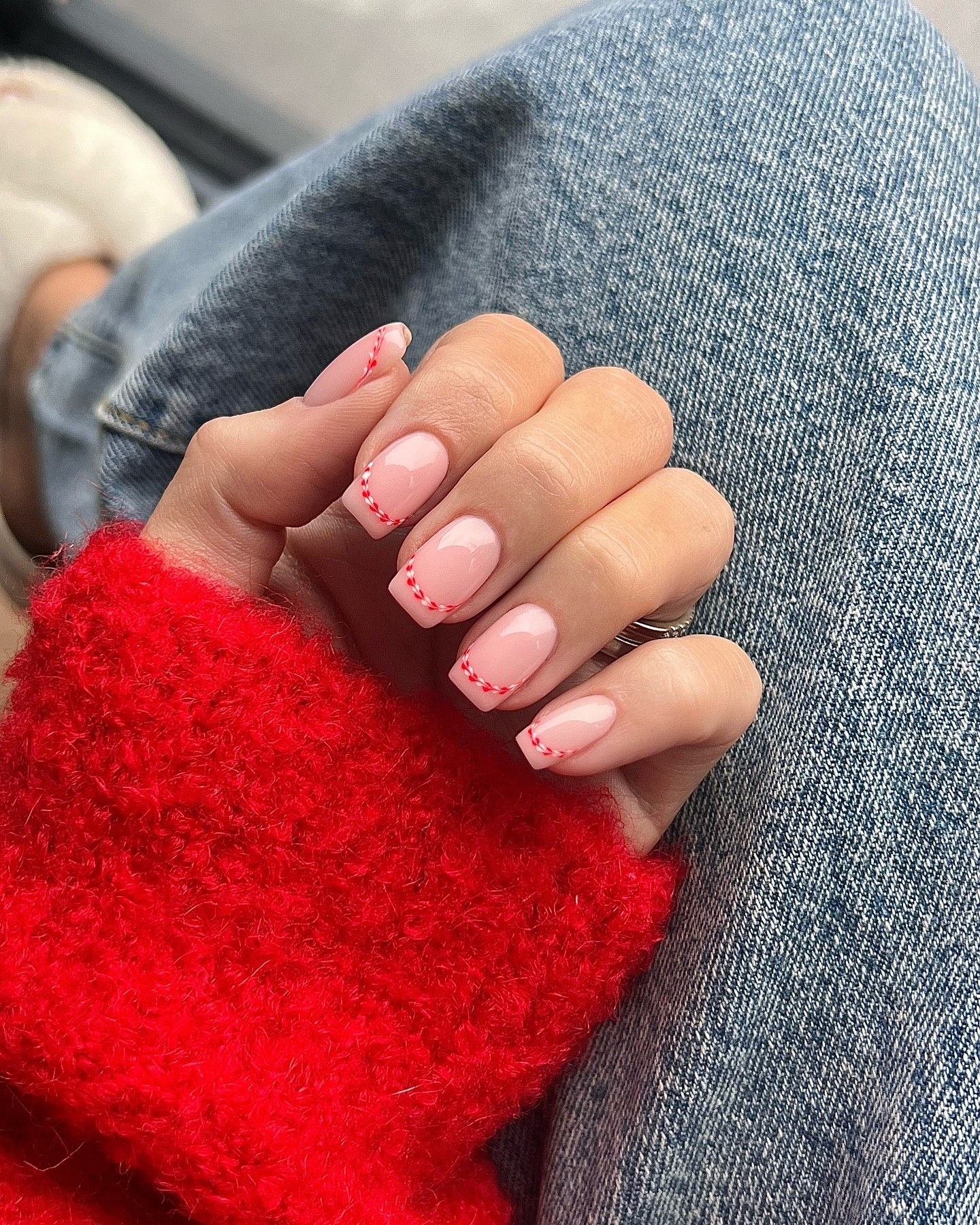 Pink French Tip with Red Candy Cane Detail