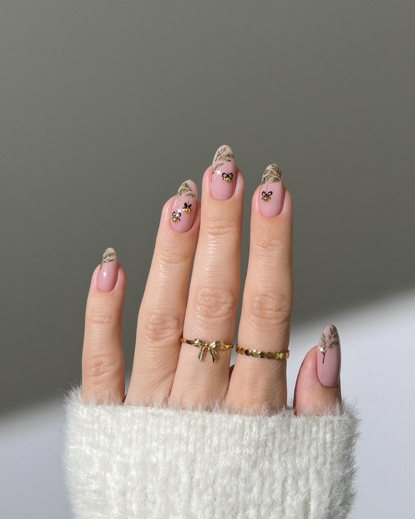 Pink Pine Branch And Bow Almond Nails