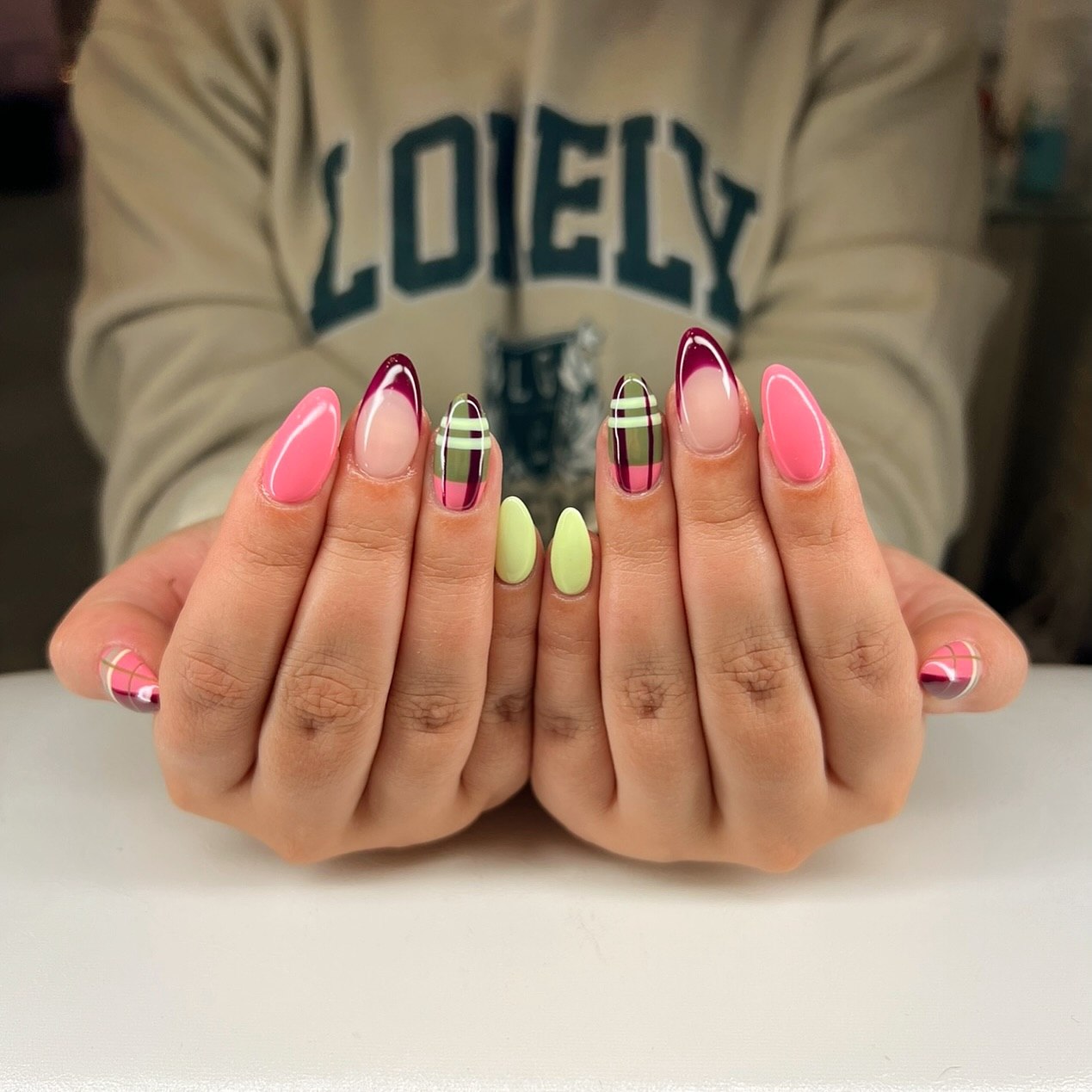 Plaid and Pink Almond Shape Nails