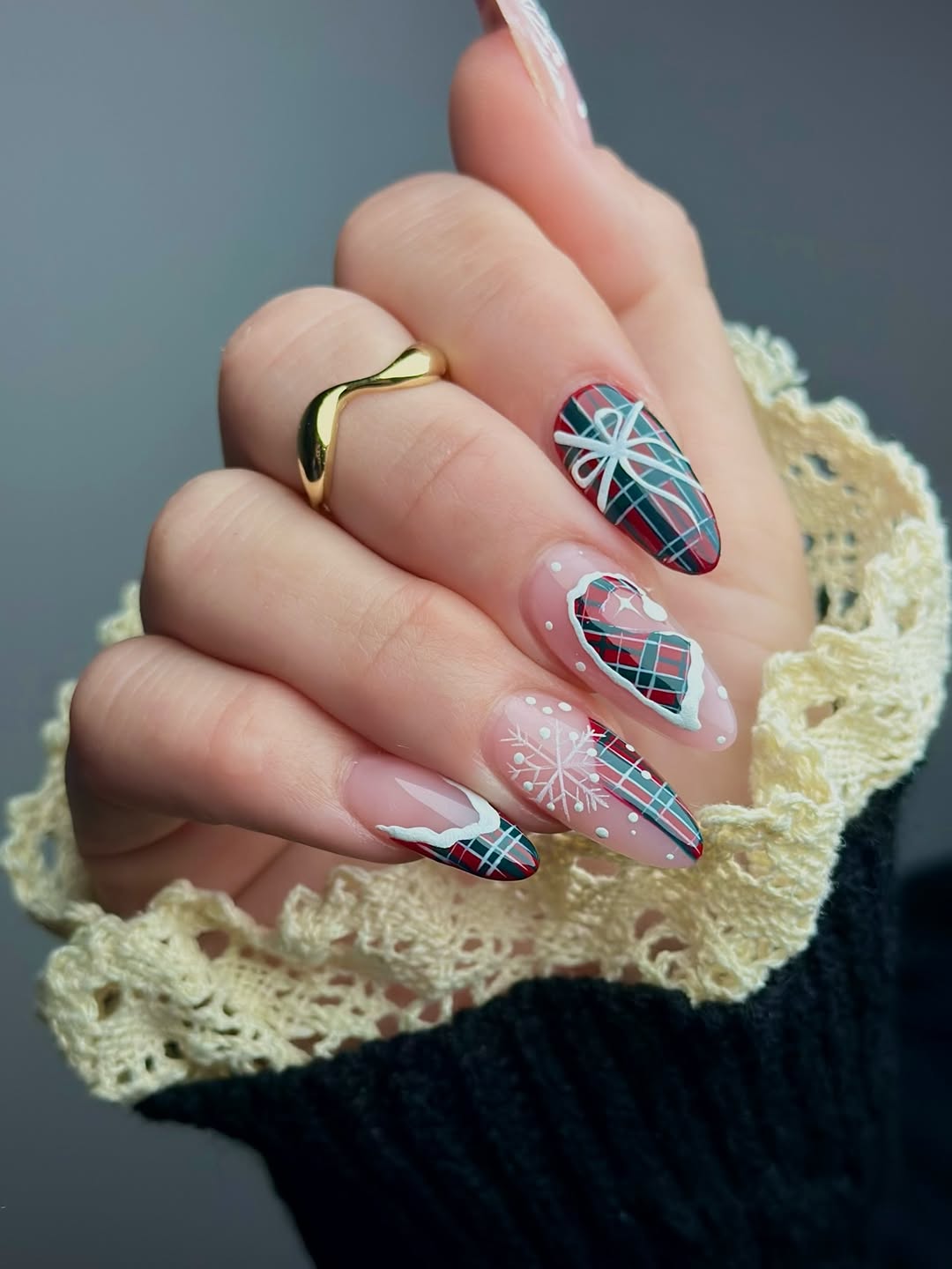 Plaid Christmas Gift and Snowflake French Tips