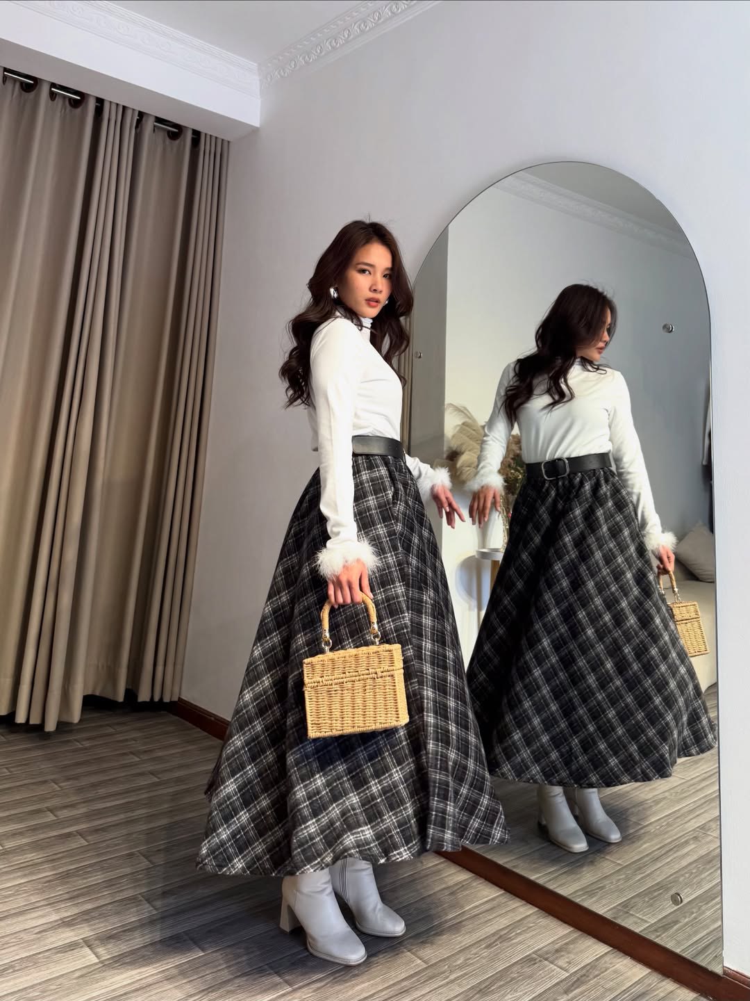 Plaid Maxi Skirt And White Turtleneck Winter Outfit