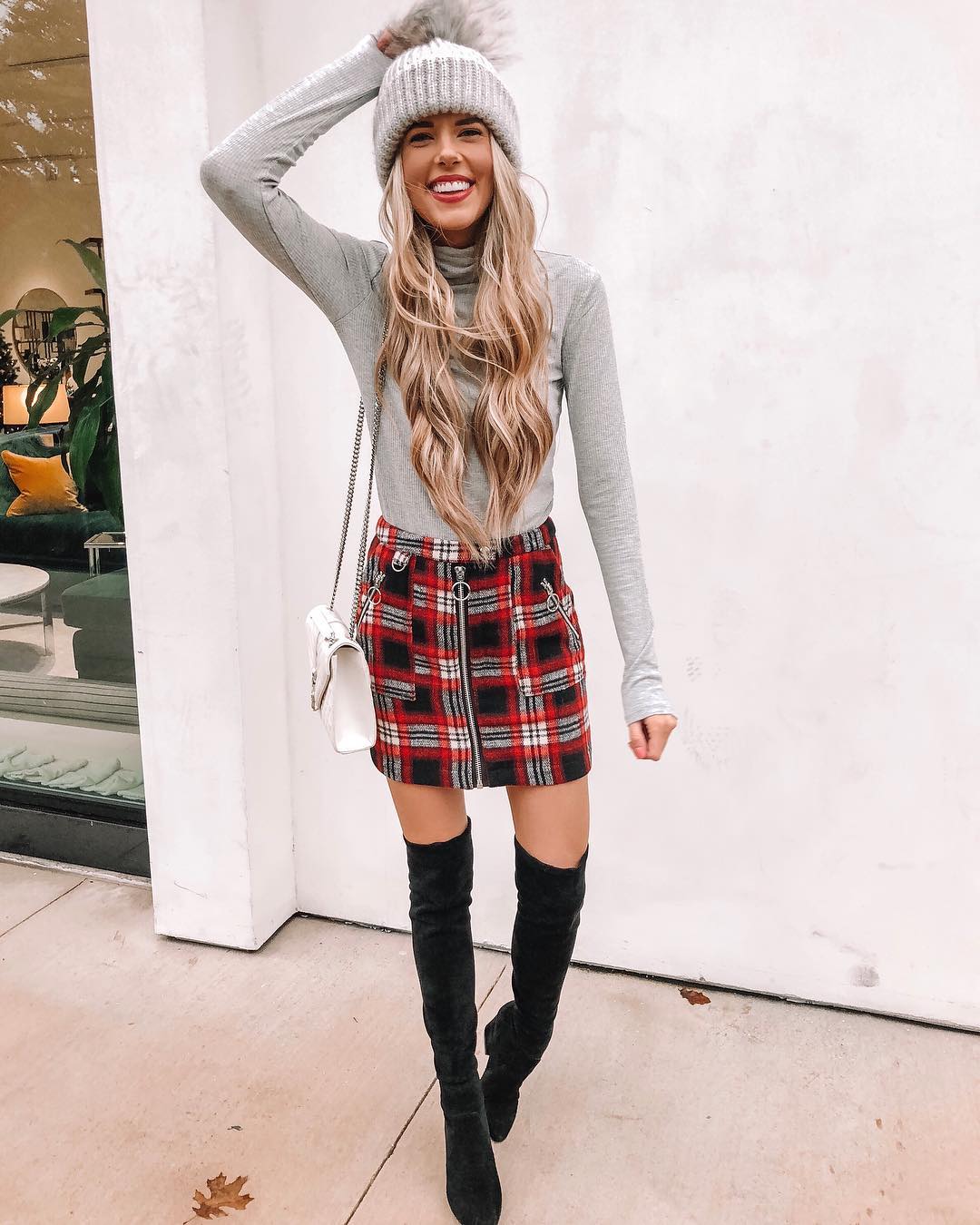 Plaid Mini Skirt With Over-the-Knee Boots