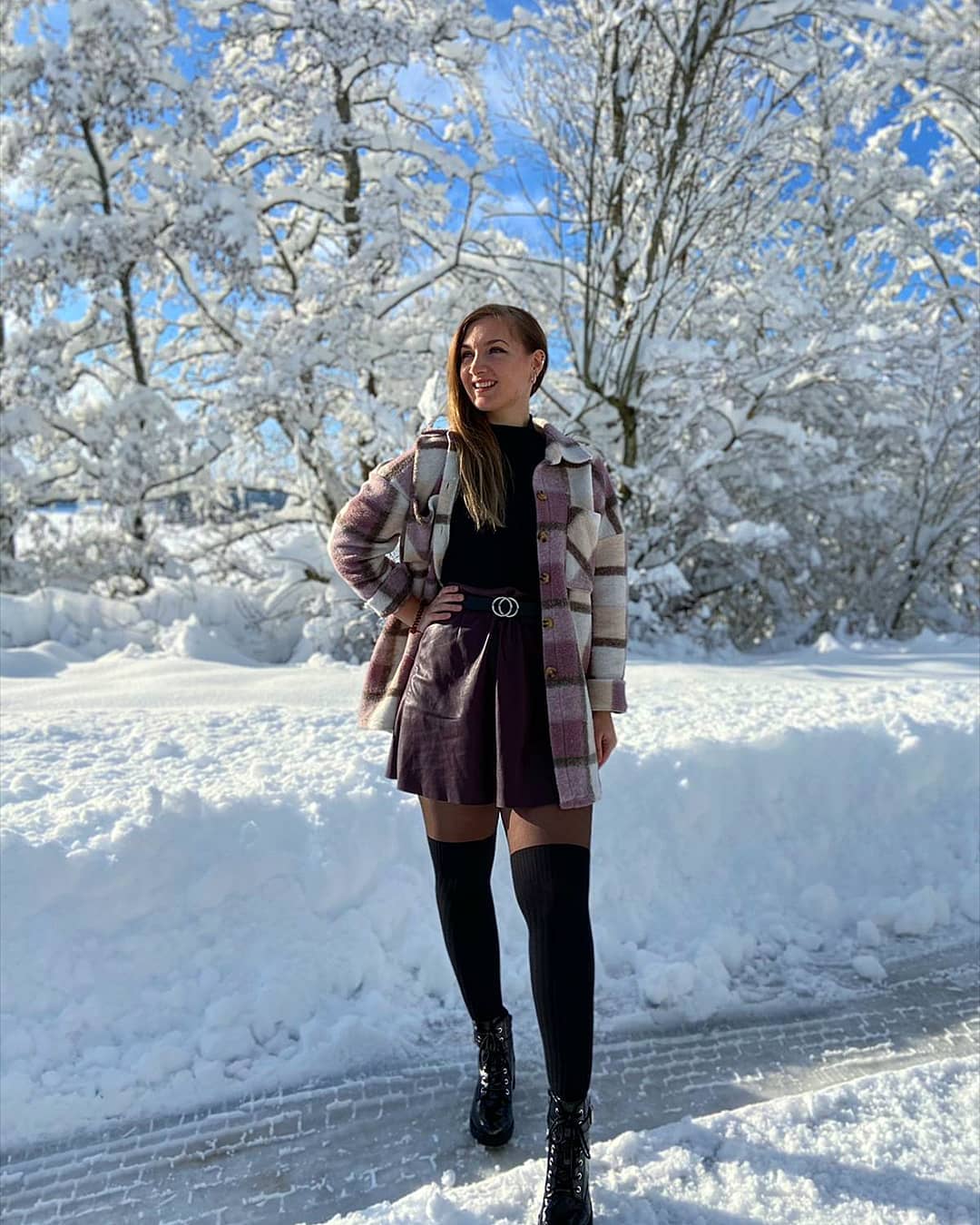 Plaid Shacket With Faux Leather Skirt Winter Look