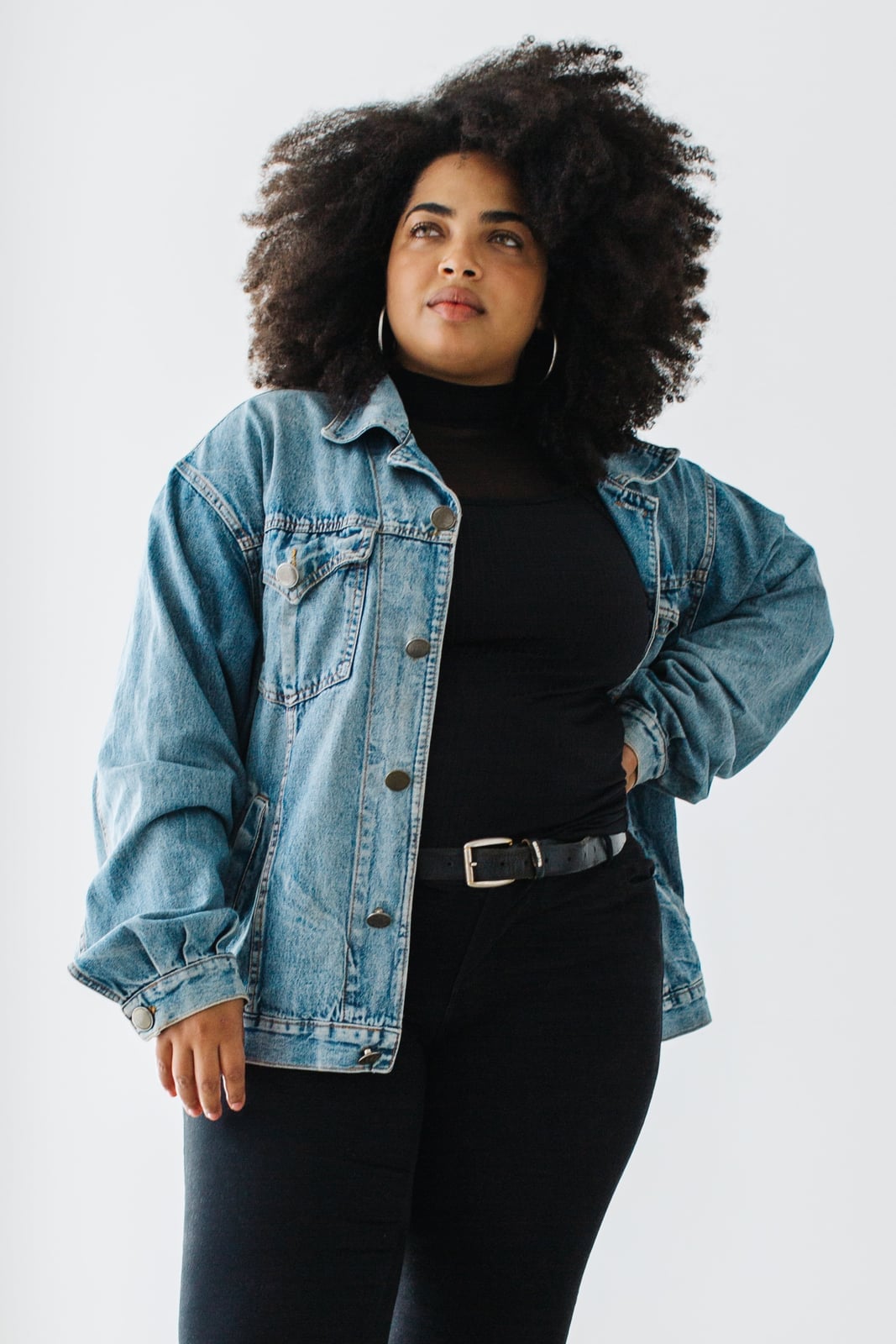 Oversized Denim Jacket Over Black Turtleneck — Plus Size Winter Outfits