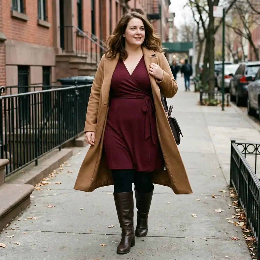 Camel Coat Over Burgundy Wrap Dress — Plus Size Winter Outfits