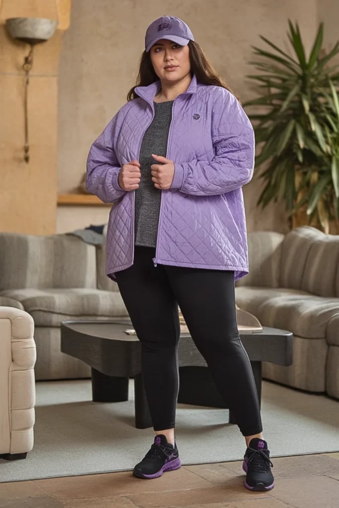 Lavender Quilted Jacket With Purple Sneakers — Plus Size Winter Outfits