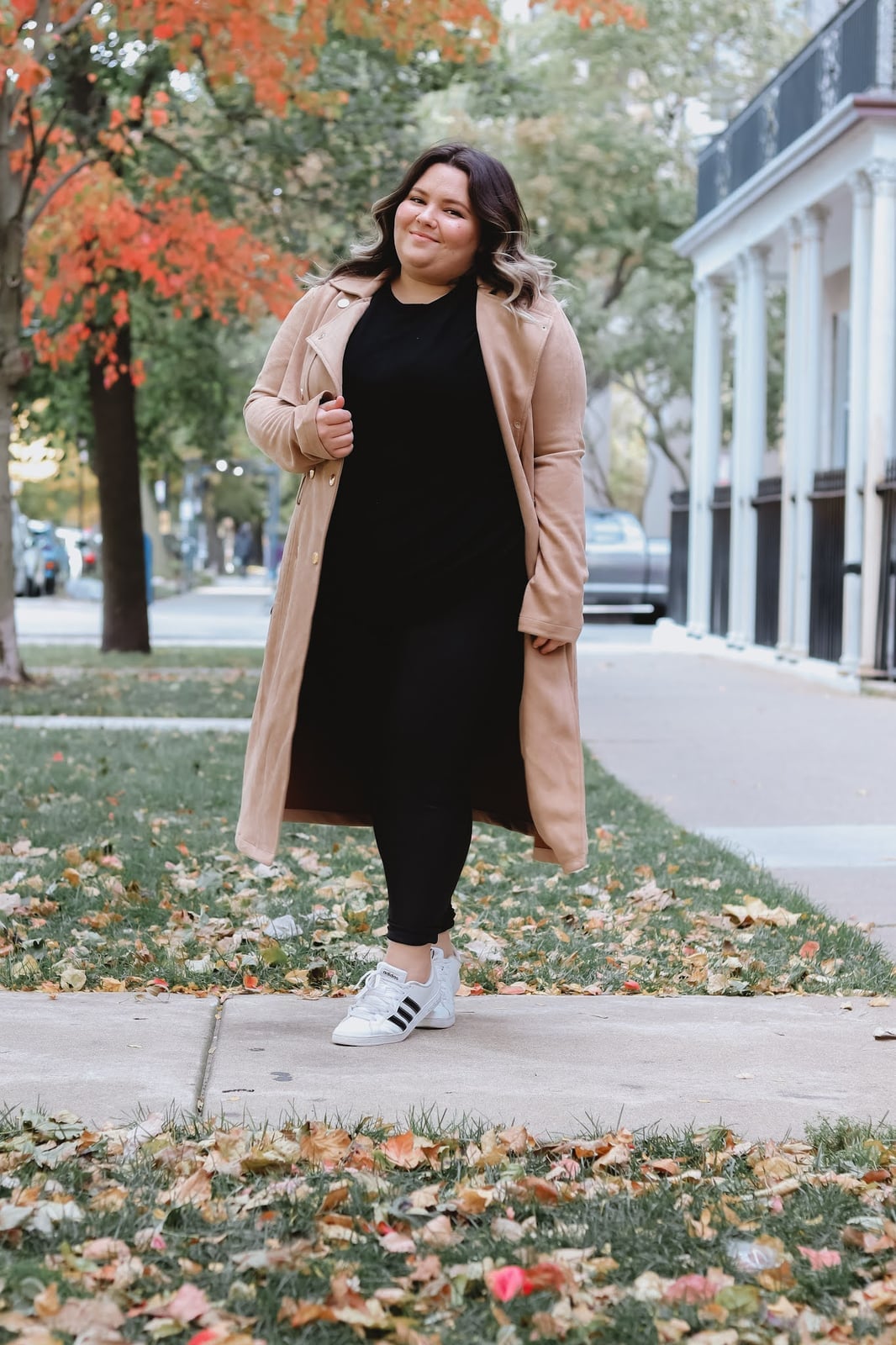 Long Camel Coat With White Sneakers — Plus Size Winter Outfits