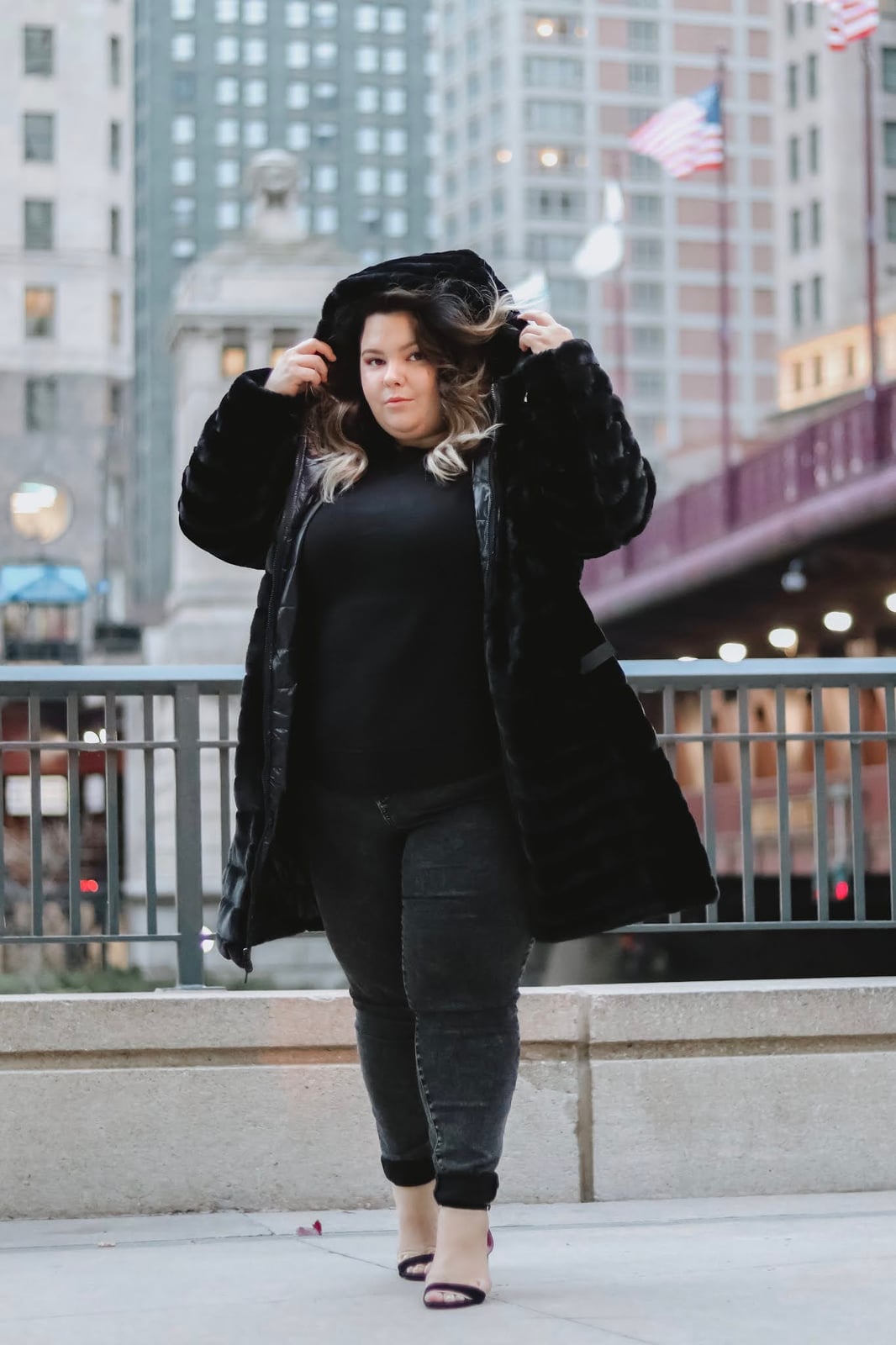 Black Puffer Coat With Faux Fur Trim — Plus Size Winter Outfits