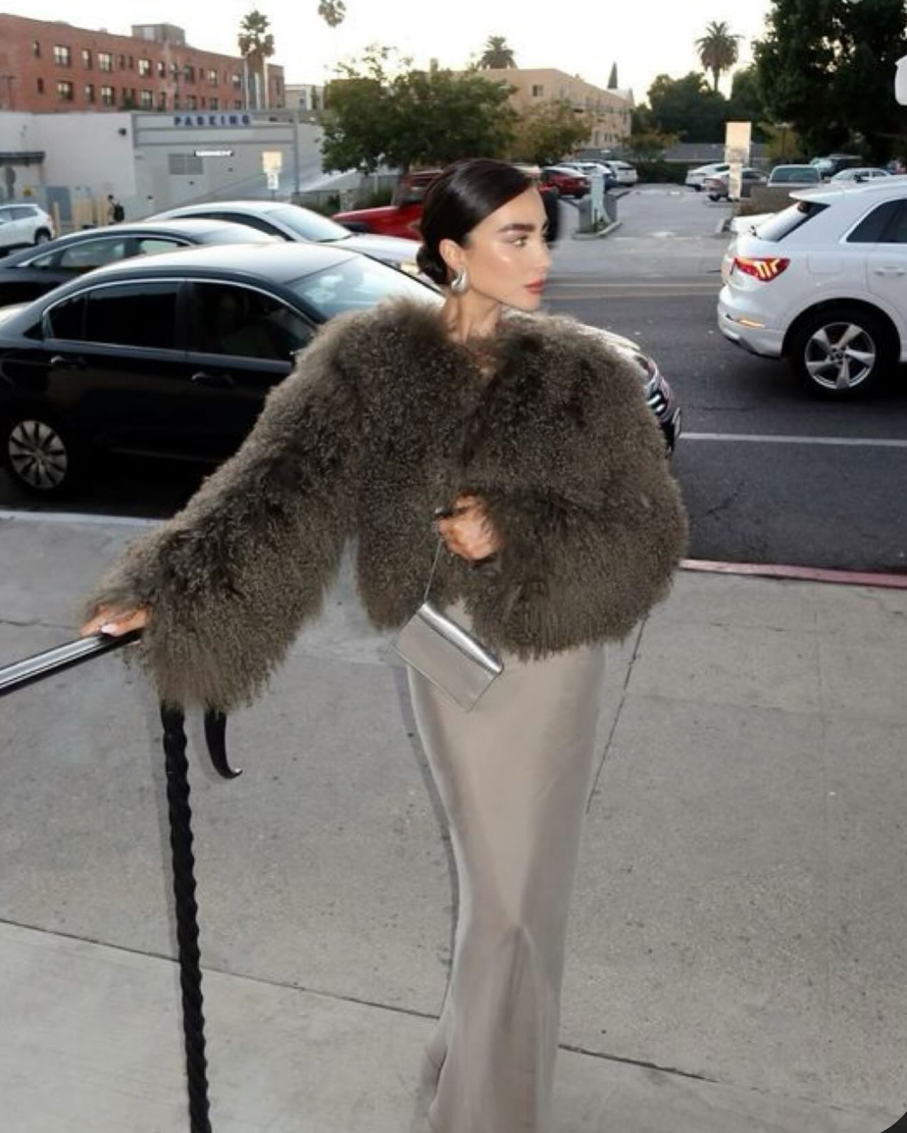 Plush Faux Fur Cropped Jacket With Silky Maxi Dress