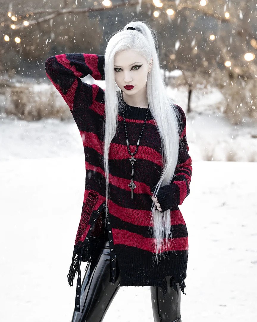Red and Black Striped Distressed Knit Winter Look