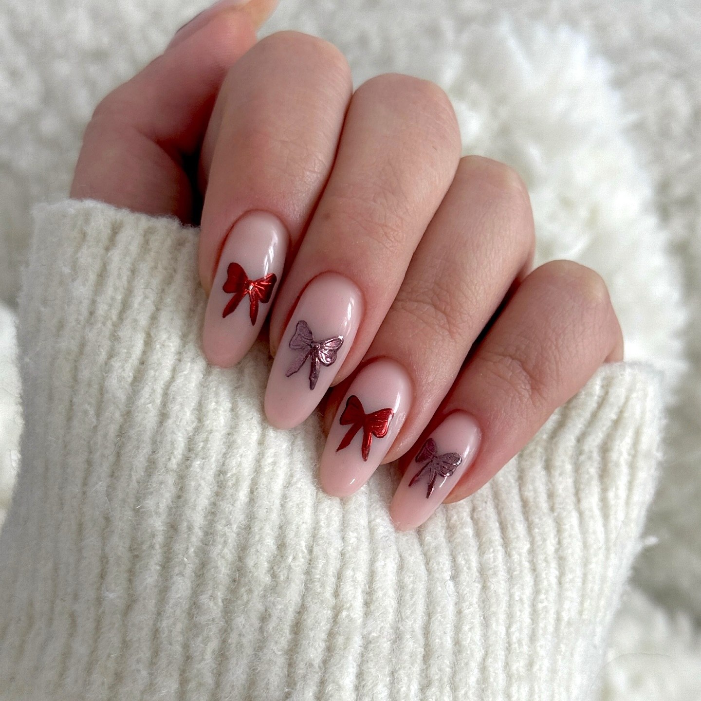 Red And Pink Bow Accent Almond Nails