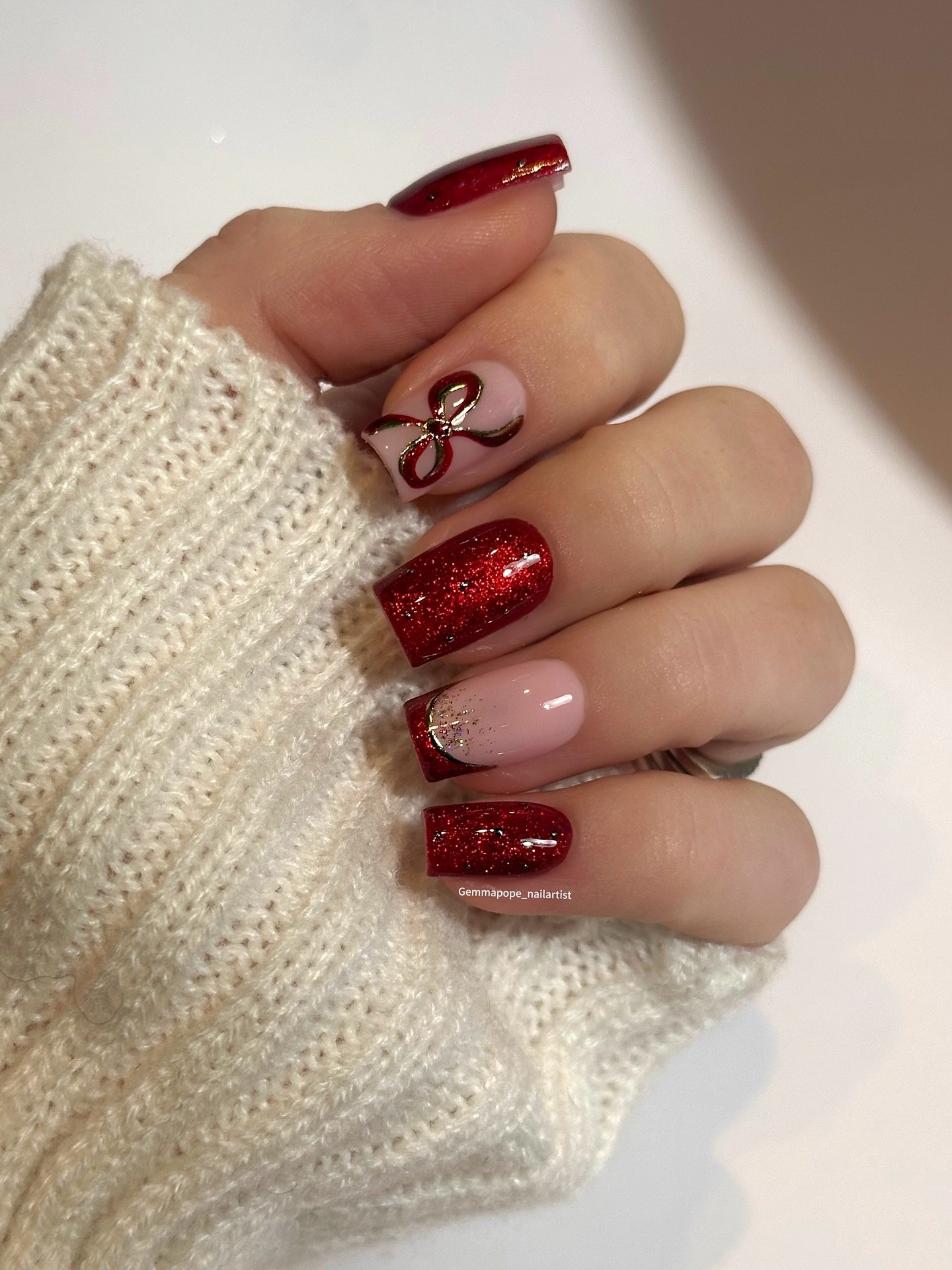 Red Glitter French Tips with Gold Bow Accent