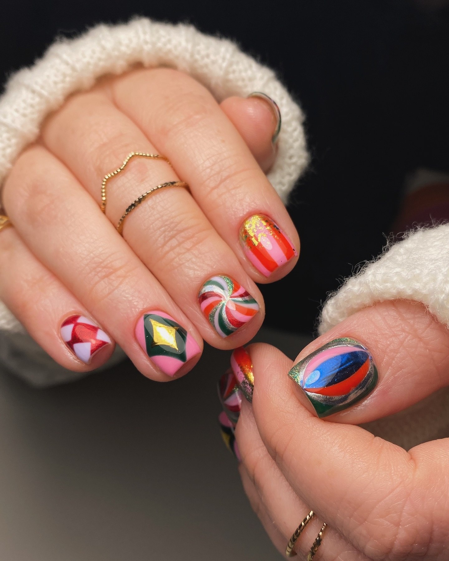 Retro Christmas Candy Cane Geometric Nails