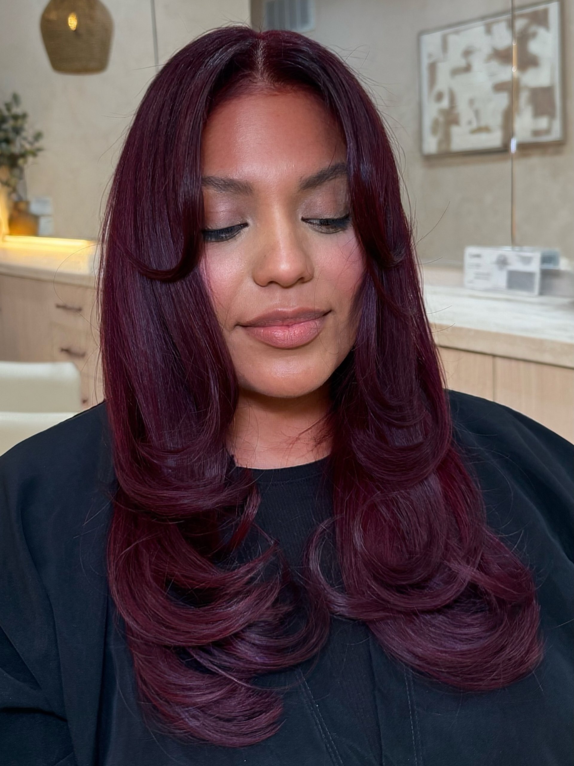 Rich Plum Color With Voluminous Face-Framing Layers