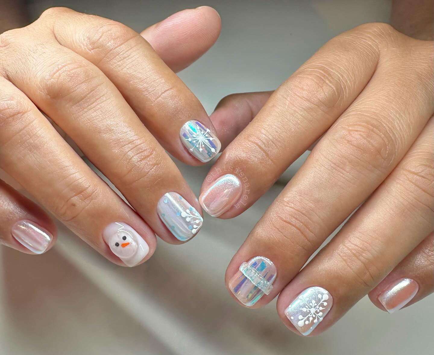 Short Winter Snowman & Snowflake Nail Art