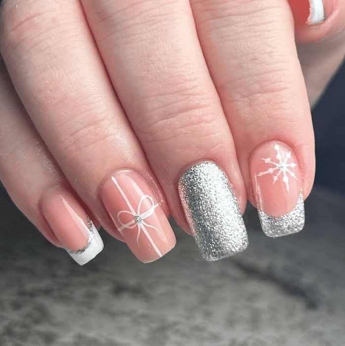 Medium Square Nude Base Silver Glitter French — Silver Christmas Nails