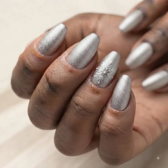 Long Coffin Shimmer Silver Nails — Silver Christmas Nails