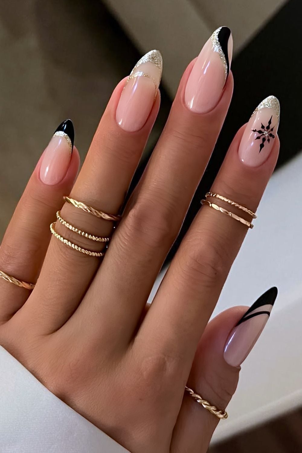 Long Almond Black French Tips With Silver Glitter, Nude Pink — Silver Christmas Nails