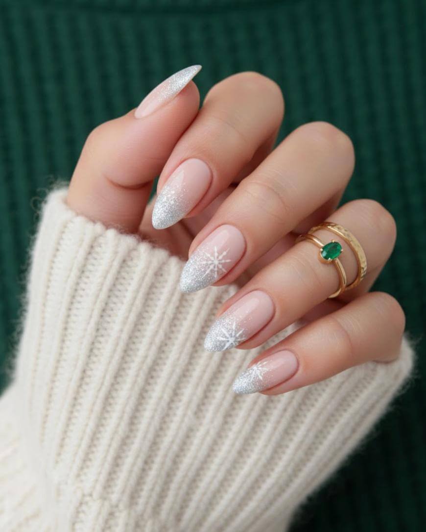 Medium Almond Nude Base With Glitter Tips And Snowflakes — Silver Christmas Nails