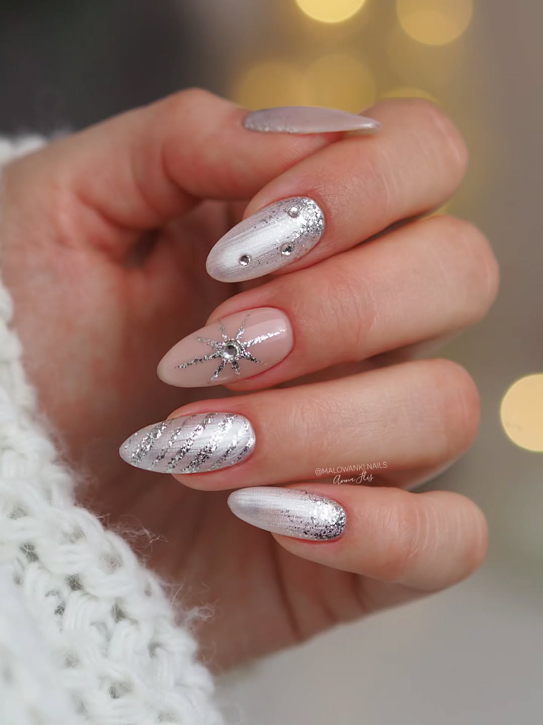 Silver Velvet Glitter Star Almond Winter Nails