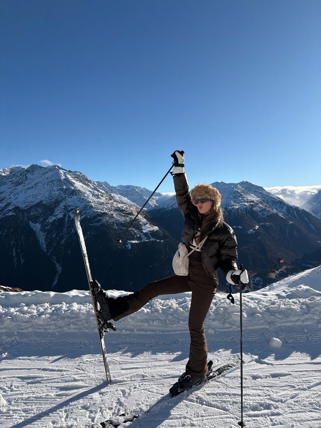 Brown Fitted Ski Suit with Puffer Jacket Detail — Ski Outfits for Women