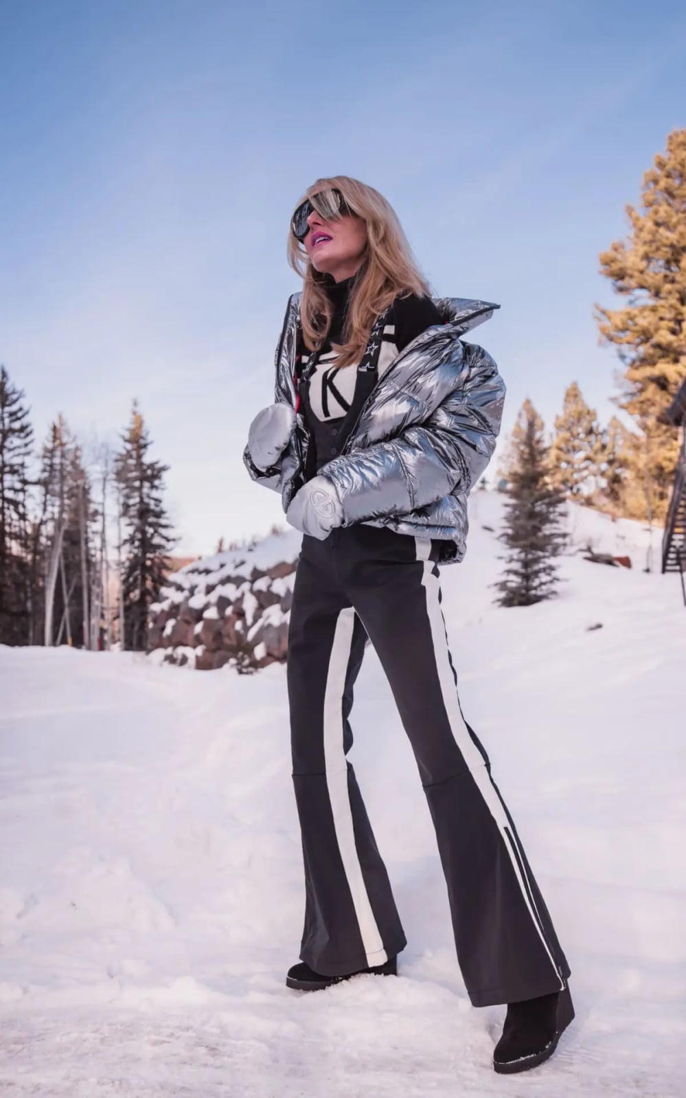 Silver Puffer Jacket with Gray Flared Ski Pants — Ski Outfits for Women