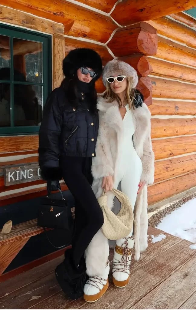 Après Ski Black Puffer Jacket and Cream Faux Fur Coat — Ski Outfits for Women