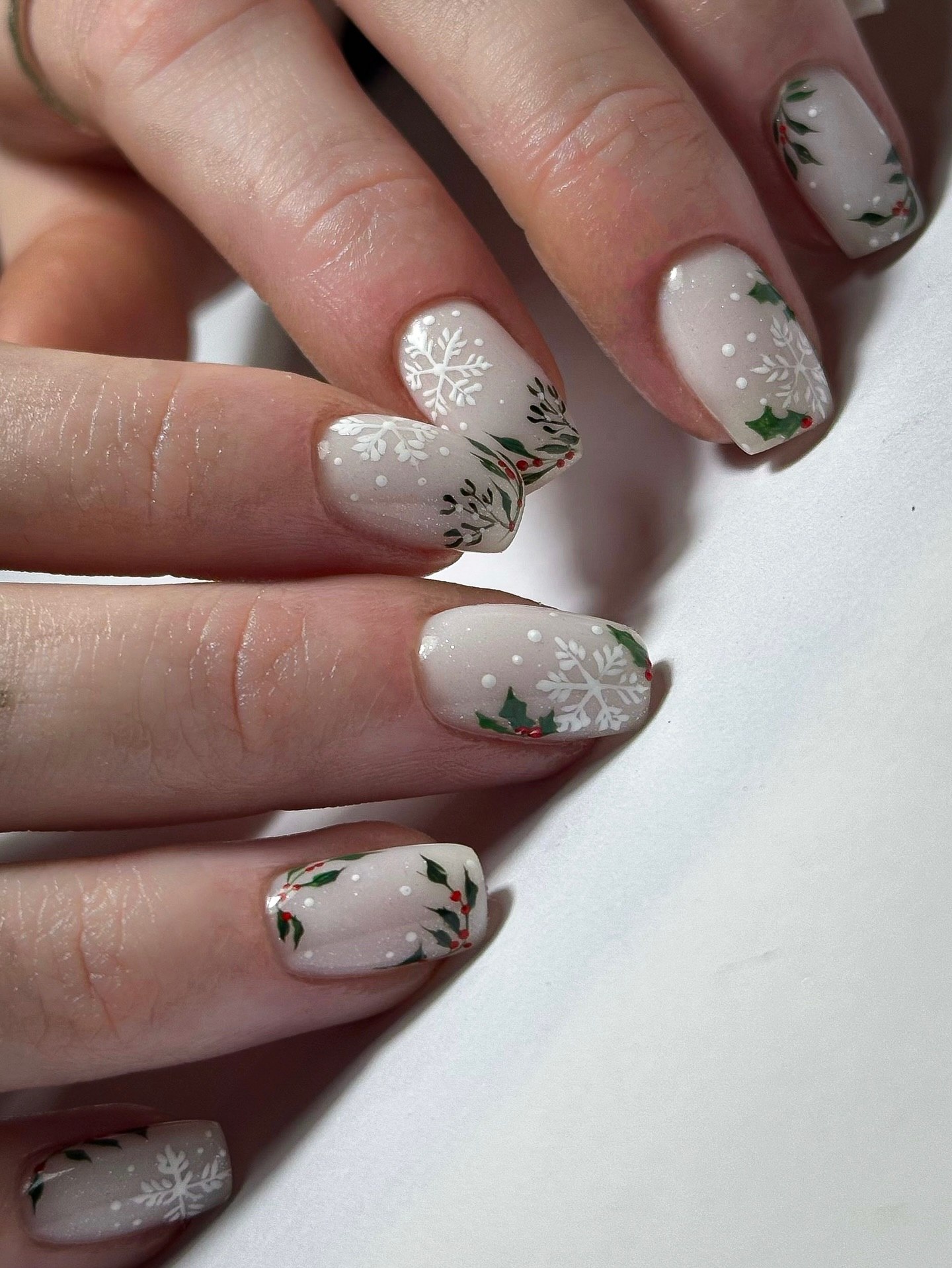Snowflake and Holly Matte French Tips