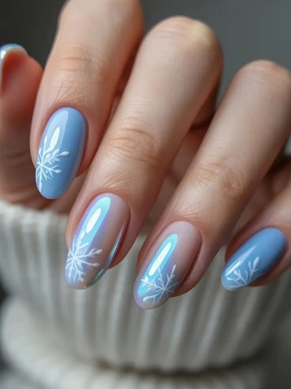 Soft Blue Snowflake Chrome Oval Nails