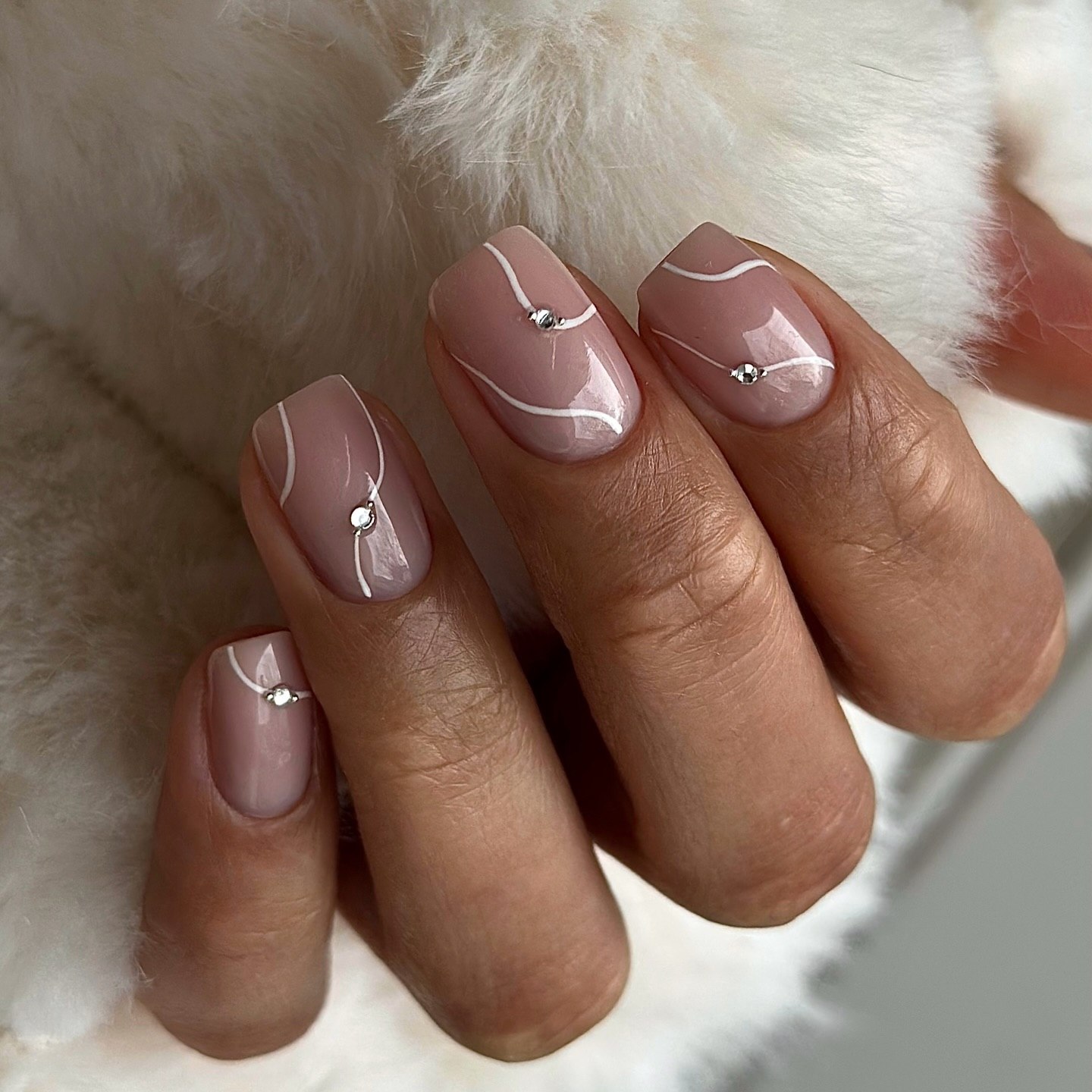 Soft Neutral Swirl French With Rhinestone Accents