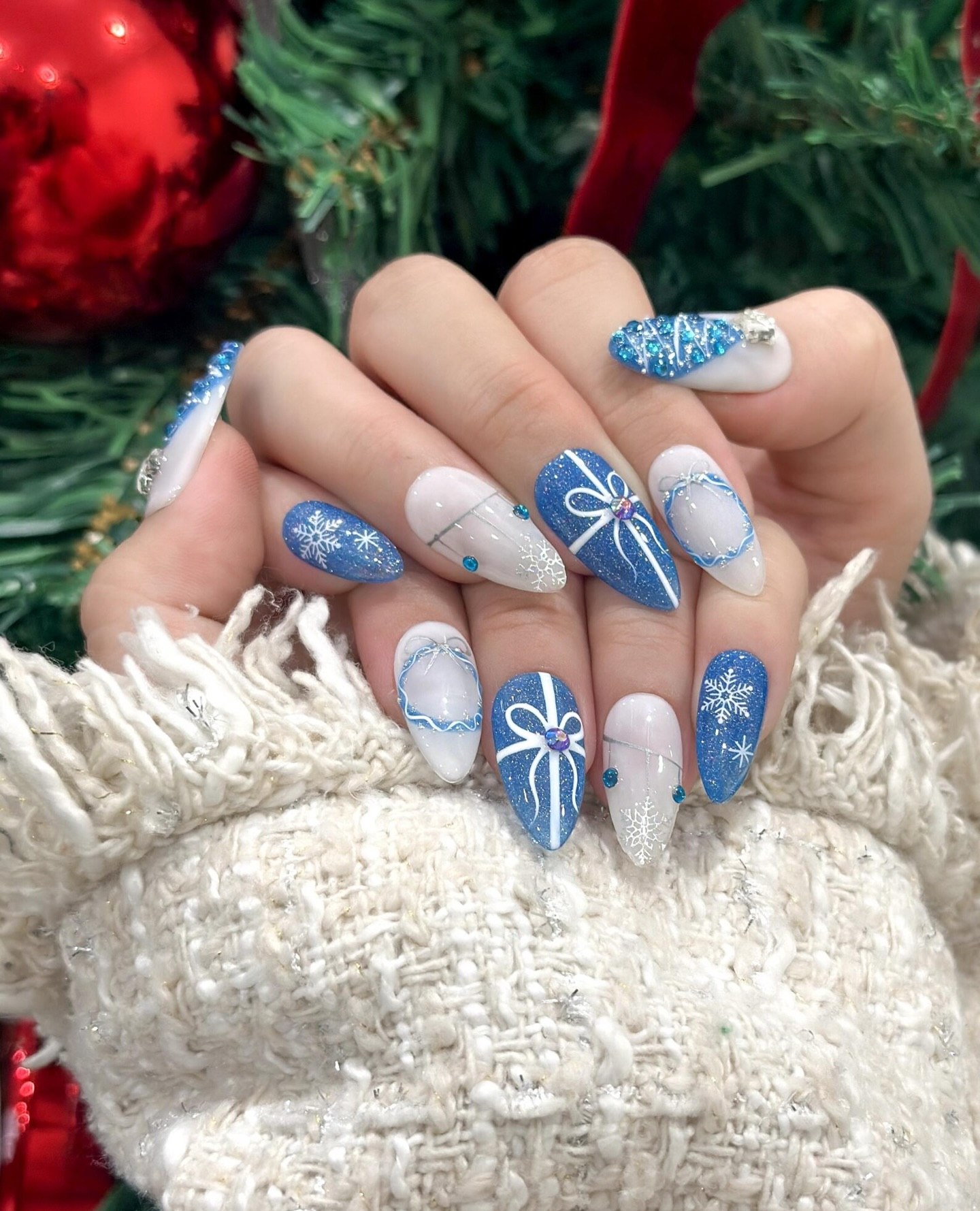 Sparkling Blue Snowflake Gift Wrapped Nails