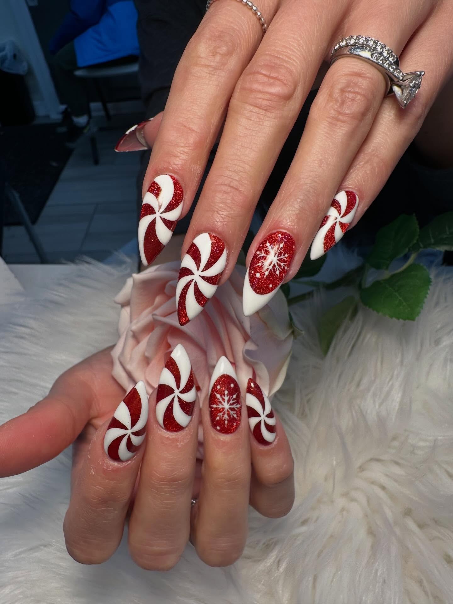Sparkling Candy Cane Swirls Snowflake Nails