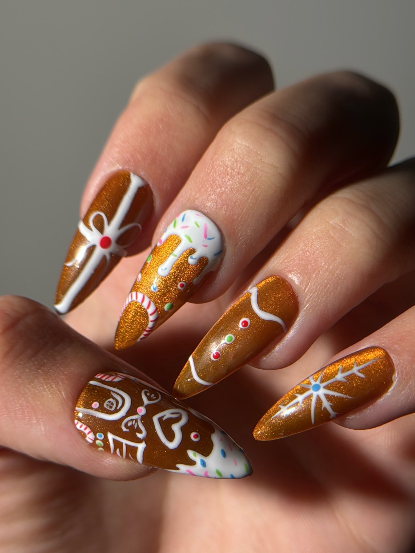 Sparkling Gingerbread House Almond Nails