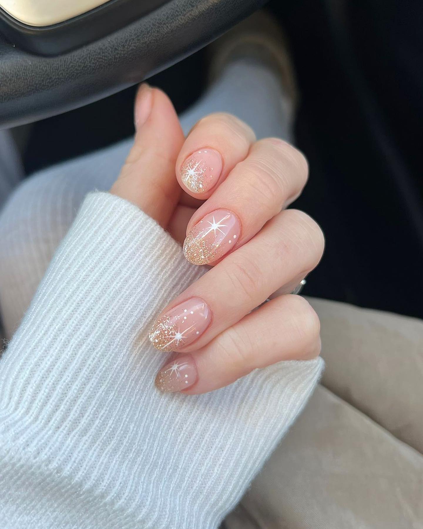 Sparkling Gold Glitter Ombre Almond Nails