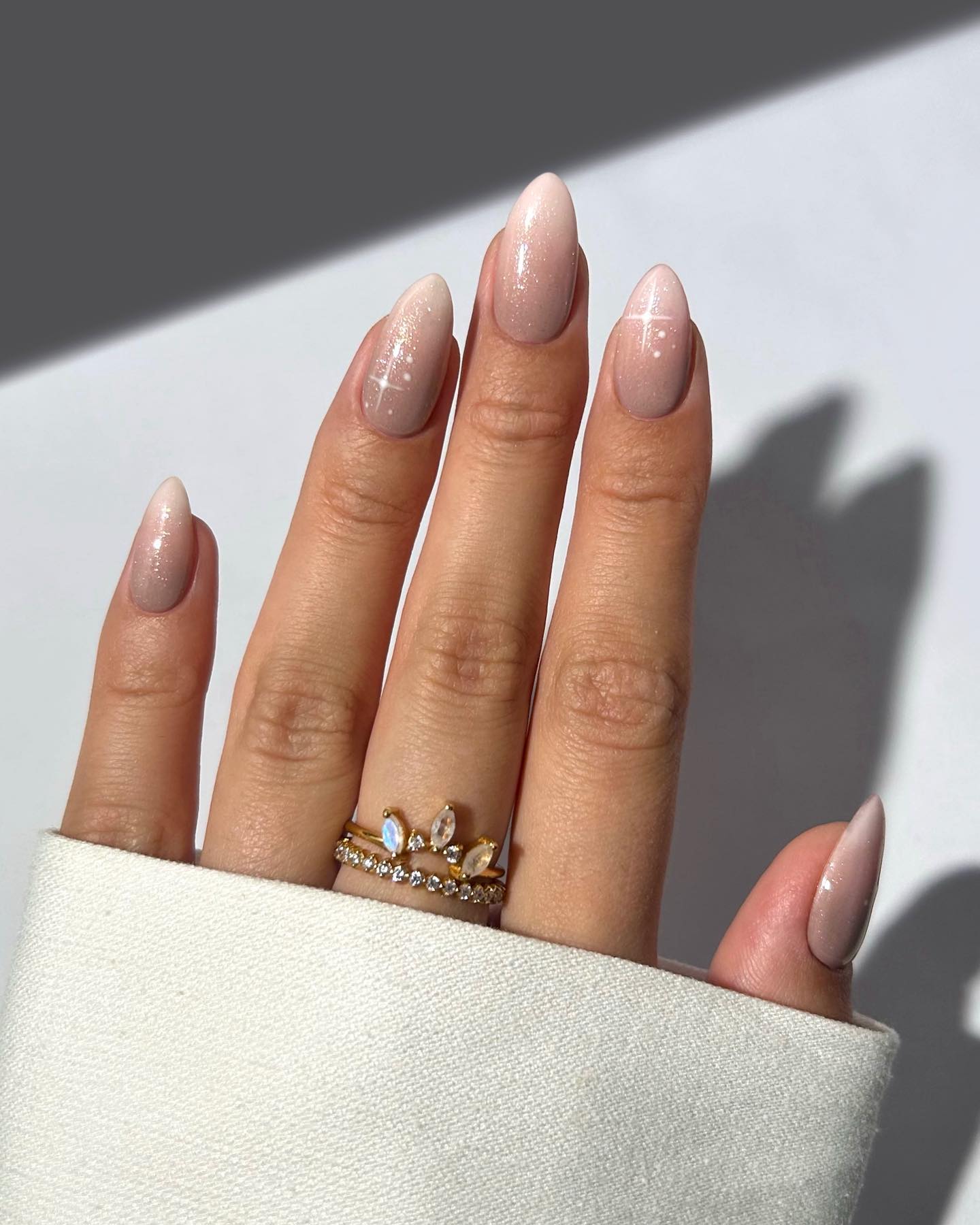 Sparkling Neutral Ombre Almond Nails