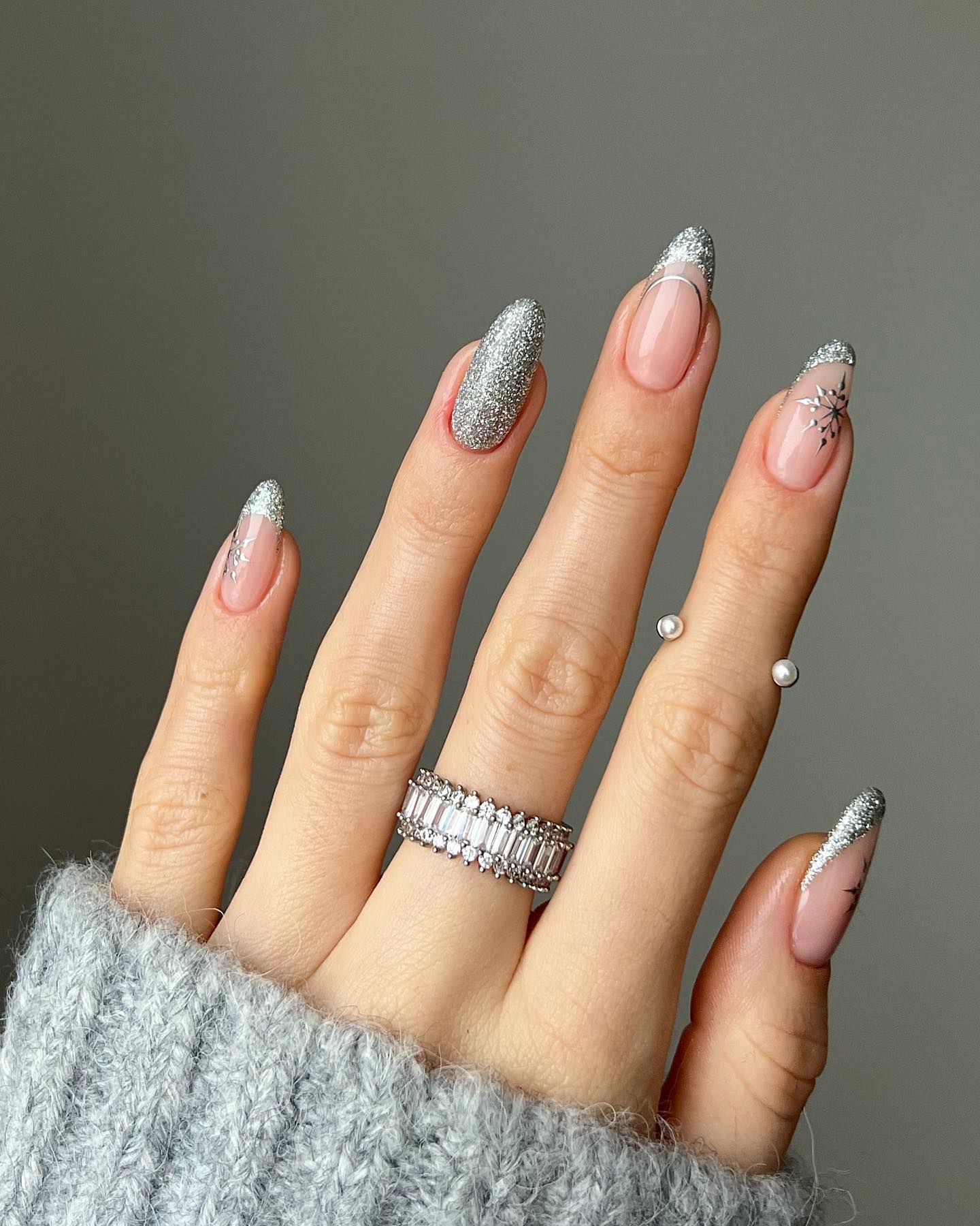 Sparkling Silver French Tip Winter Snowflake Nails