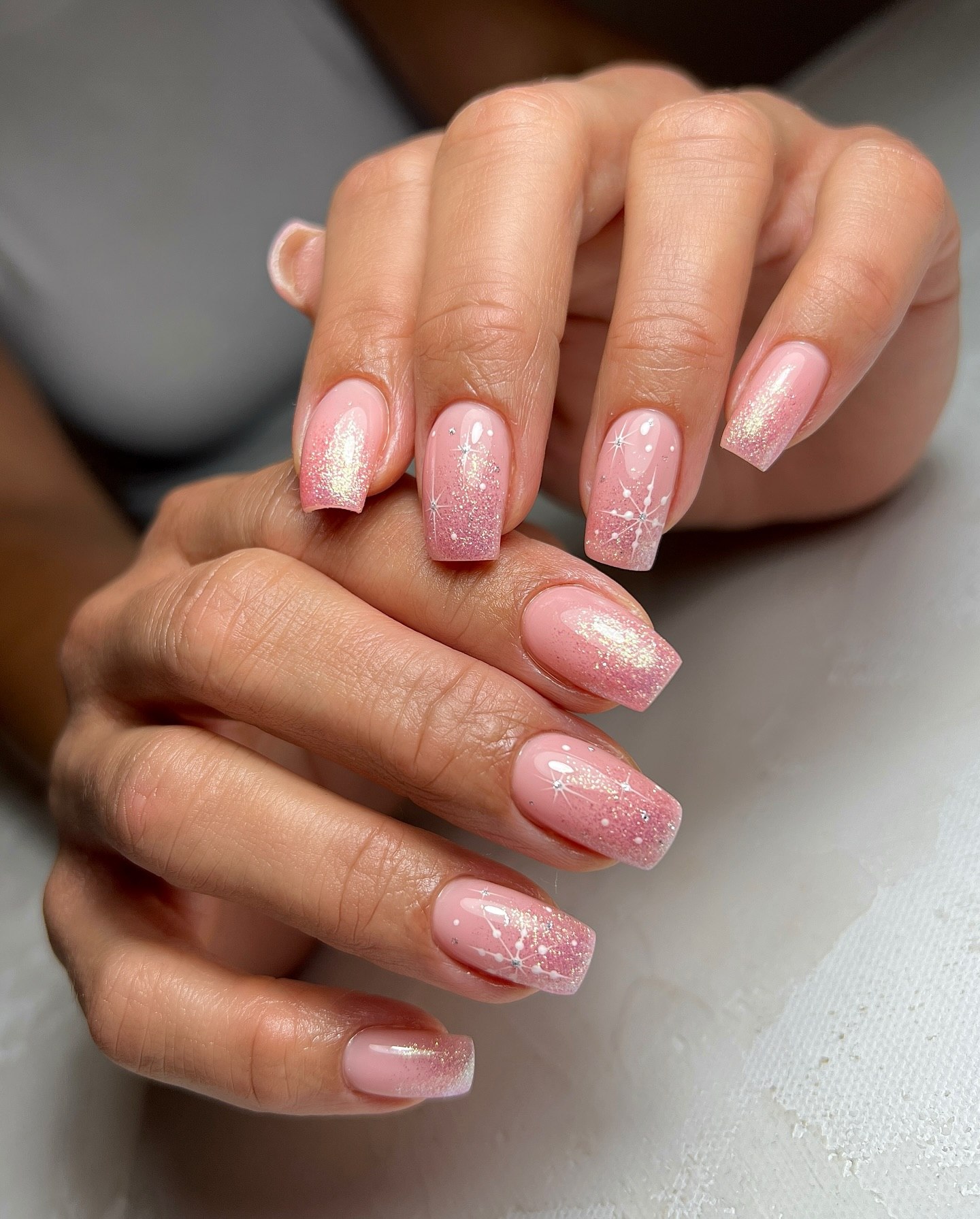 Sparkling Snowfall Pink French Ombre Nails