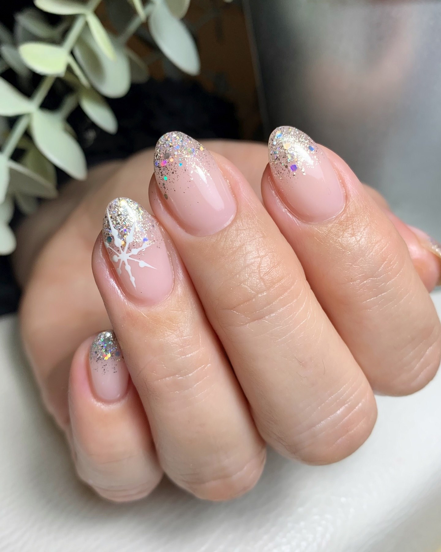 Sparkling Snowflake French Ombre Almond Nails